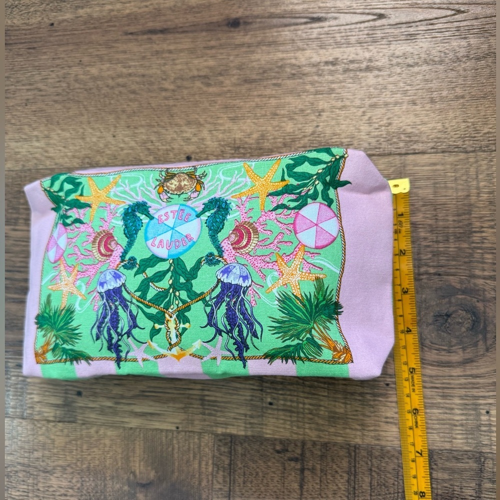 ESTEE LAUDER Recycled Fabric Makeup  Bag Bag Green Pink Striped with Zipper - Picture 2 of 8